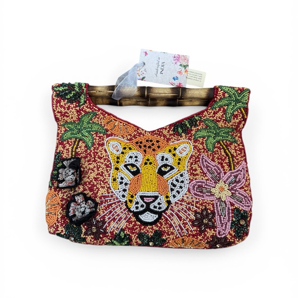 Beaded Tiger Motif Clutch with Bamboo Handle - Red